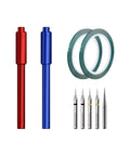 Top Shelf 9 Piece Model Scribing Tool Kit Featuring Heavy Duty Tungsten Carbide Blades And Slick Guide Tape For Serious Builders Dead On Precision Marking Crisp Design Lines, showing red and blue handles with blades and tape.