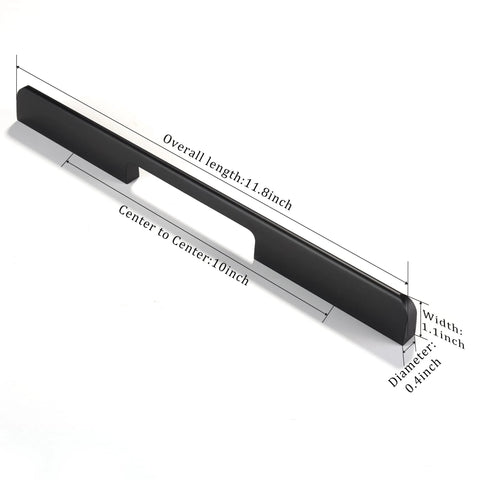 10 Inch Hole Center Matte Black Cabinet Pulls Set of 5 Modern Bar Handles, side view with dimensions labeled, Euro Style aluminum alloy.