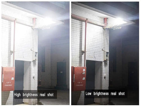 Spot Lighting Led Solar Flood Lights Outdoor, 272 LEDs 120W 8000 Lumen, high and low brightness comparison in indoor setting.