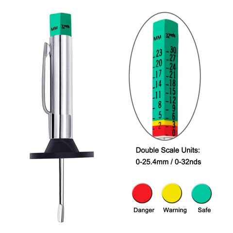 Two-Sided Color Coded Tire Tread Depth Gauge With Inch And Millimeter Calibration, Easy Read Tire Wear Gauge Reads In 32nds, Quick Diy Friendly Tool For Your Tire Health Check, Pack Of 2, shown with dual scale and color zones