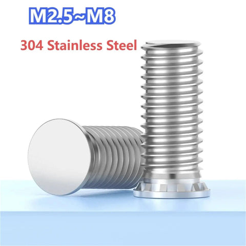 Top Tier 304 Stainless Steel Self Clinching Studs And Pressure Rivet Screws For Sheet Metal Work Metric M2.5 To M8 Threads shown with a smooth finish.