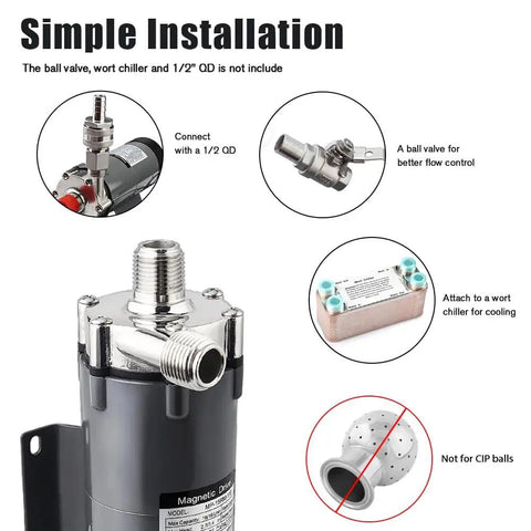 Premium Stainless Steel Wort Brewing Pump Delivering Straight Fire Magnetic Drive Performance For Effortless Homebrew Liquid Transfer Right Out Of The Kettle showing installation details.