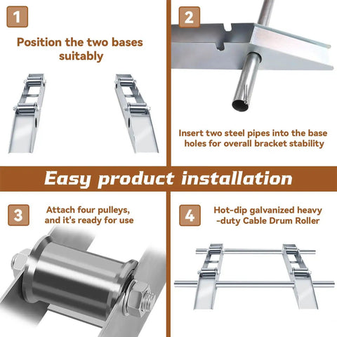 Easy product installation for All-Weather Heavy-Duty Cable Drum Roller Reel Dispenser With Double Rail Drum Unwinder