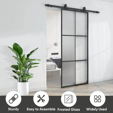 Installed Privacy Glass Barn Door 36x84 Inches With 6 Foot Sliding Hardware Kit Included Aluminum Alloy Frame Frosted Tempered Glass 6 Lite Design