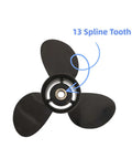 "Outboard Boat Propeller Replacement Heavy Duty Thirteen And A Half Inches By Fifteen Inches Pitch Three Blade With Thirteen Spline Fits Johnson Evinrude OMC V4 Outboard 40 To 140 HP Aluminum Hub Kit showing 3 blades and 13 spline teeth."