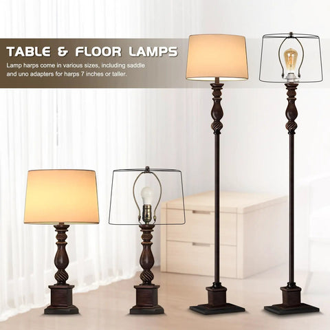 Top Shelf Seven Inch Antique Bronze Lamp Harp Set showcasing table and floor lamps with various shades and designs.