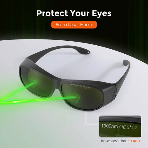 Top Notch Fiber Laser Safety Goggles For 1064Nm Eye Protection And Laser Engraving Gear displaying in-use with green laser beams.