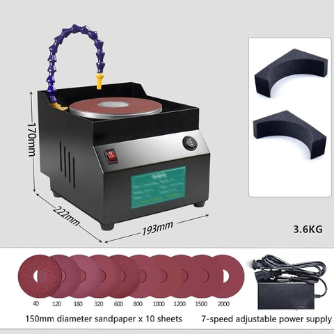 Heavy Duty Wet And Dry Bench Grinder Electric Knife Sharpener Tool With 350 Watts Power And 7 Speed Settings Up To 3350 Rpm showing 150mm sandpaper and adjustable power supply.