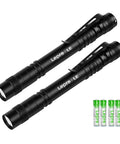 Two black Ultra Bright LED Pen Flashlights Mini Pocket Lights with Clip 2 Pack, shown with AA batteries, waterproof, lightweight.