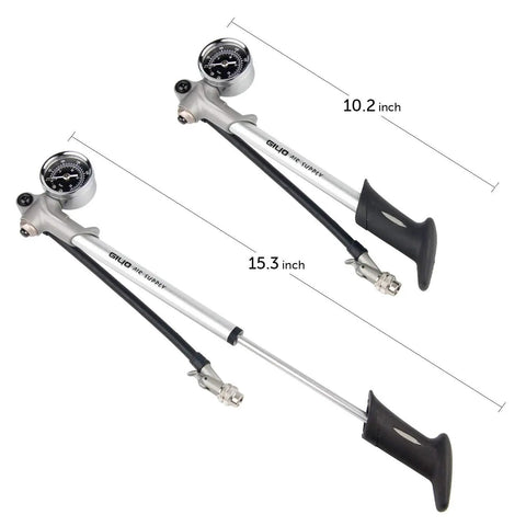 Handheld High Pressure Shock Pump For MTB Fork And Rear Suspension Up To 300 PSI Beast Of A Pump shown with dimensions