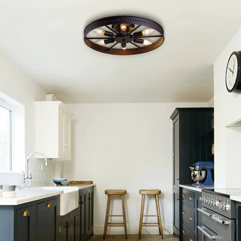 Rustic 6 Light Slick Metal Ceiling Light Fixture In Black With Industrial Round Spoke Wheel Design Semi Flush Mount Farmhouse Chandelier For Kitchen Island Dining Room Entryway Bedroom Hallway Living Room