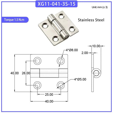 Front view of stainless steel square damping hinge with four mounting holes, 40x40 mm plate, 1.5 Nm torque
