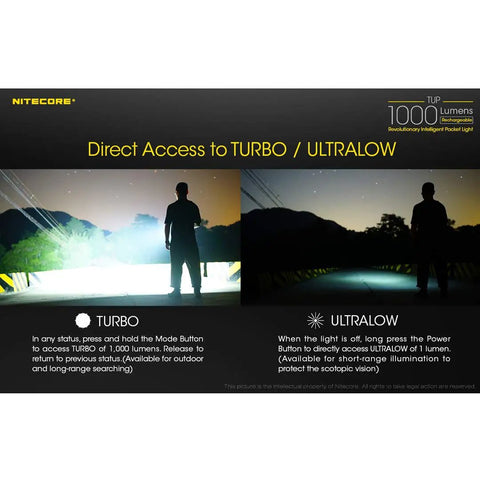 Demonstration of Tup 1000 Lumen Rechargeable EDC Flashlight with Turbo and Ultralow modes at night
