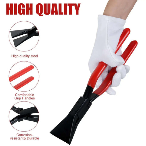 Hands On Sheet Metal Bender Set with red handles and black heads, designed for bending and flattening edges, held by a gloved hand.