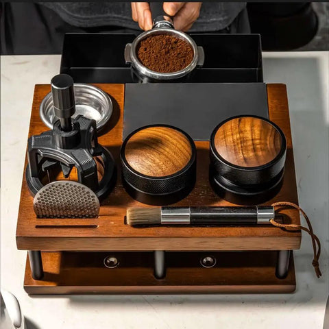 Heavy Hitter Double Tier Solid Wood Espresso Tamping Station With Combo Knock Box Premium Handcrafted Coffee Bar Organizer Kit displayed on counter.