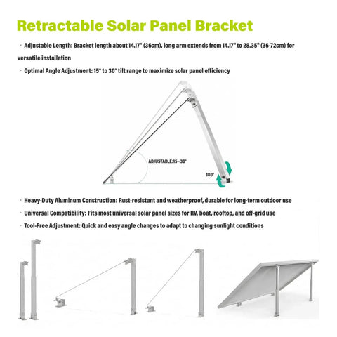 Adjustable Solar Panel Tilt Mount Brackets For RVs And Roofs 15 To 30 Degree Tilt Fits Most Standard Panels displayed with measurements