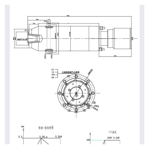Technical drawing of Super Rock Solid Automatic Tool Changer Electric Spindle Motor for CNC engraving and milling.