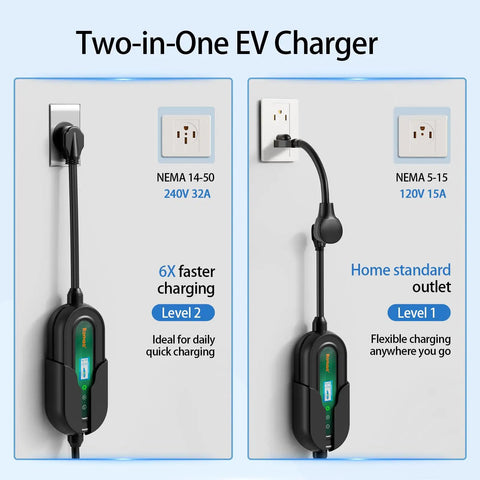 Hella Smooth Level 2 Ev Charger With 32 Amp Charge And Built In Wifi showing NEMA 14-50 and 5-15 plug options for versatile charging.