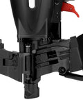 Close-up of a Coil Roofing Nailer For Three Quarters Inch To One And Three Quarters Inch Nails, showcasing tool free depth adjustment.