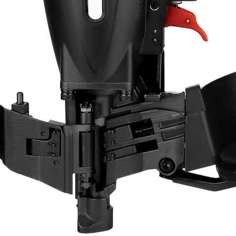 Close-up of a Coil Roofing Nailer For Three Quarters Inch To One And Three Quarters Inch Nails, showcasing tool free depth adjustment.