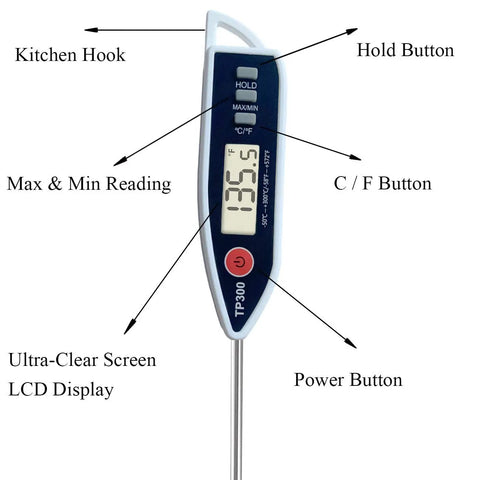 Digital Meat Thermometer Instant Read With Hold Function And Celsius Fahrenheit Switch, visible hold button and ultra-clear display