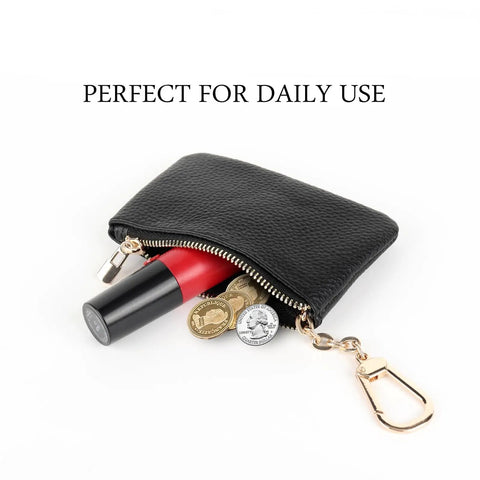 Full Grain Leather Coin Purse And Keychain Wallet With Slick Pull Zipper Closure Handy Card Slots Stylish Matte Black Finish No Fuss Go To Everyday Carry with coins and lipstick inside.