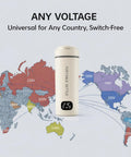 Your Go-To Travel Kettle With LCD Touch Screen displayed with a world map showing various voltage compatibility across countries.