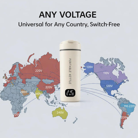 Your Go-To Travel Kettle With LCD Touch Screen displayed with a world map showing various voltage compatibility across countries.