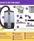 Heavy Duty Commercial Backpack Vacuum With Slick HEPA Media Filtration And Killer Restaurant Tool Kit accessories and tools laid out on a purple background.