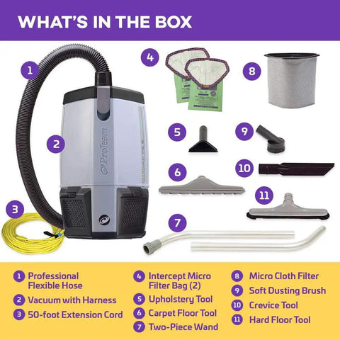Heavy Duty Commercial Backpack Vacuum With Slick HEPA Media Filtration And Killer Restaurant Tool Kit accessories and tools laid out on a purple background.