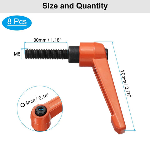 8 Pcs Adjustable Lever Handles M8 x 30mm Metric Thread With 70mm Levers, detailed size illustration, orange color handle