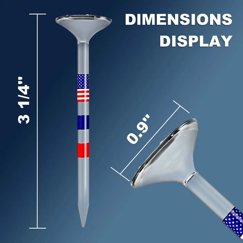 Transparent Three And A Quarter Inch Unbreakable Plastic Golf Tees That Cut Friction And Side Spin Fifty Count Built Tough Eco Friendly Durable Tee Set Perfect Gift For Men With American Flag Design shown with dimensions 3.25 inches height and 0.9 inches width