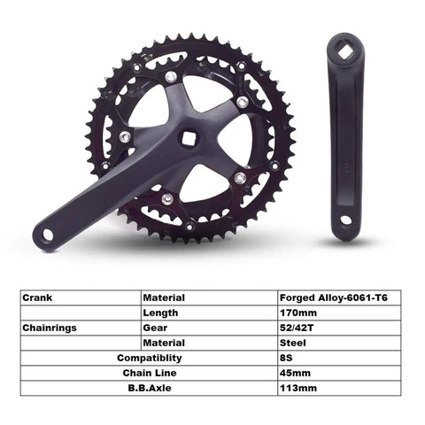 Road Trekking Crankset 52/42T 130BCD Square Taper 170mm Arm with specs table, aluminum arms, steel chainrings, side view