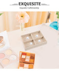 No Sweat Beige Velvet Jewelry Tray With Four Grid Compartments For Quick Sorting Rings Earrings And Bracelets Easy Drawer Insert Organizer Totally Sweet For Home Organization And Travel Cases displayed with makeup palettes and flower.