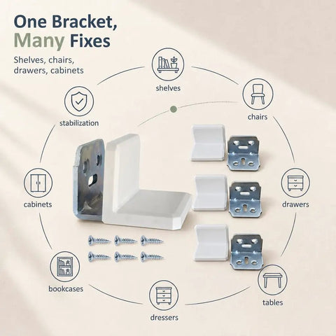 Hella Sturdy Stainless Steel L Brackets With Smooth White Caps Provide Serious Anti Tip Reinforcement For Floating Shelves Drawers And Cabinetry No Sweat Setup Ensures A Flawless Finish Every Single Time installation kit with screws and brackets for stabilization.