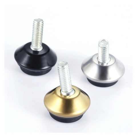 Adjustable Leveling Feet Four Pack For Table Chair Cabinet Furniture Legs M6 Thread Aluminum Alloy Levelers in black, silver, and gold