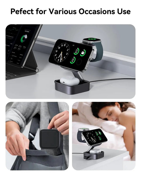All-In-One MagSafe Wireless Charging Station for iPhone, Apple Watch, and AirPods Pro in use at desk, travel, and bedside