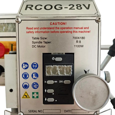 Tough As Nails 1300W Brushless Benchtop Milling Machine control panel with digital gauge and safety instructions for operator use.