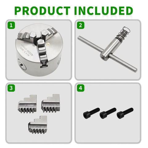 K11 80 Self Centering 3 Inch Lathe Chuck With 3 Jaw And Set Jaw 4000 Rpm shown with included components