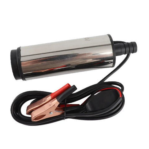 Jiawu 24V DC Submersible Pump For Fuel Transfer 30 Liters Per Minute Stainless Steel build with clips and wiring for portable refueling.