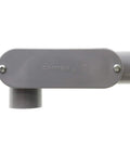 Rock Solid Non Metallic Pvc Type Lr Conduit Body 1 Inch side view showing gray plastic and screw attachment detail.