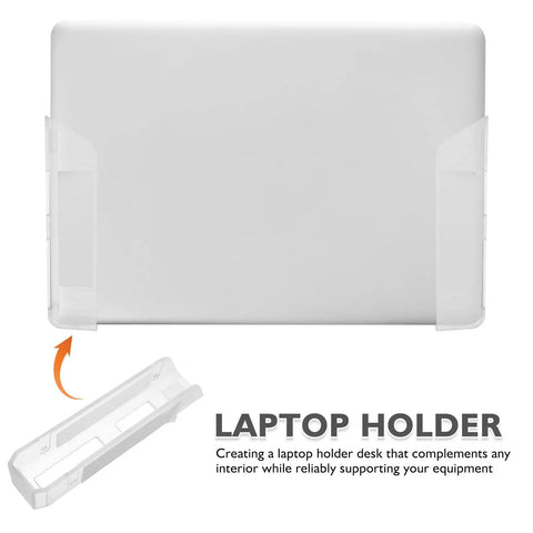 Under Desk Laptop Mount With Wall Brackets, clear acrylic holder supporting laptops, sleek design for unobtrusive workspace upgrade.