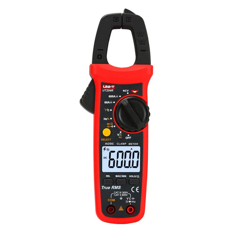 Front view of UT204R Digital Clamp Meter with Auto Ranging, True RMS, 6000 Counts, Pro Grade AC/DC Voltage and Current, red design.