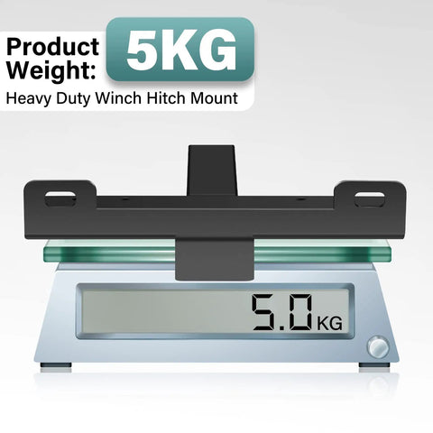 Beefy Winch Hitch Cradle Mount Plate With 2 Inch Receiver on scale, showing 5kg weight, for ATV, UTV, Truck.