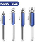 Pro Straight Flush Trim Router Bit Set With Top Bearing, 1/4 Inch Shank, C3 Carbide Blades and Alloy Steel Bodies, sizes shown