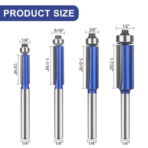 Pro Straight Flush Trim Router Bit Set With Top Bearing, 1/4 Inch Shank, C3 Carbide Blades and Alloy Steel Bodies, sizes shown