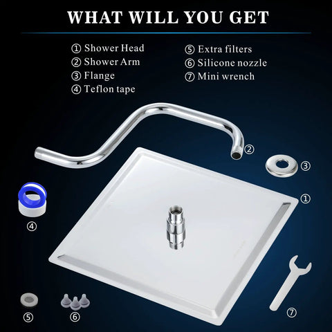 Components of All Metal Rain Shower Head With Goose Neck Arm Large 12 Inch Square Rainfall Showerhead High Flow Waterfall Spa