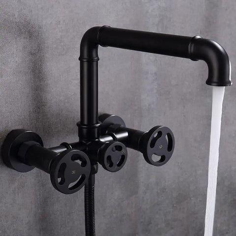 Modern Industrial Pipe Wall Mounted Bathtub Filler Faucet With Hand Shower Three Handle Tub Faucet Swivel Spout Kit Matte Black