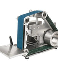 1500W Mini Electric Belt Sander With Solid Brushless Motor For Zero Hassle Woodworking and Snappy Edgework Plus Smooth Operator Polishing and Heavy Duty Grinding Rig on aluminum base with blue sanding belt.