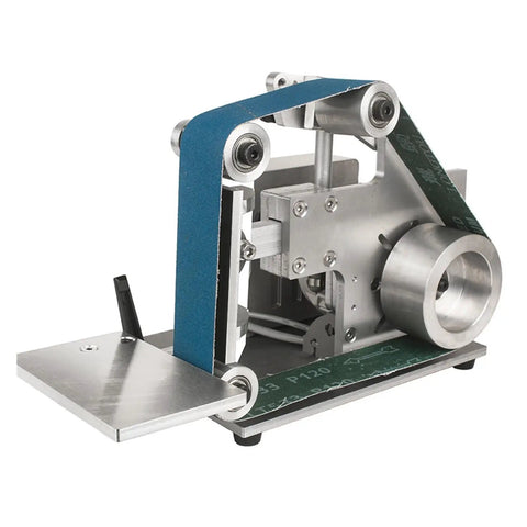 1500W Mini Electric Belt Sander With Solid Brushless Motor For Zero Hassle Woodworking and Snappy Edgework Plus Smooth Operator Polishing and Heavy Duty Grinding Rig on aluminum base with blue sanding belt.